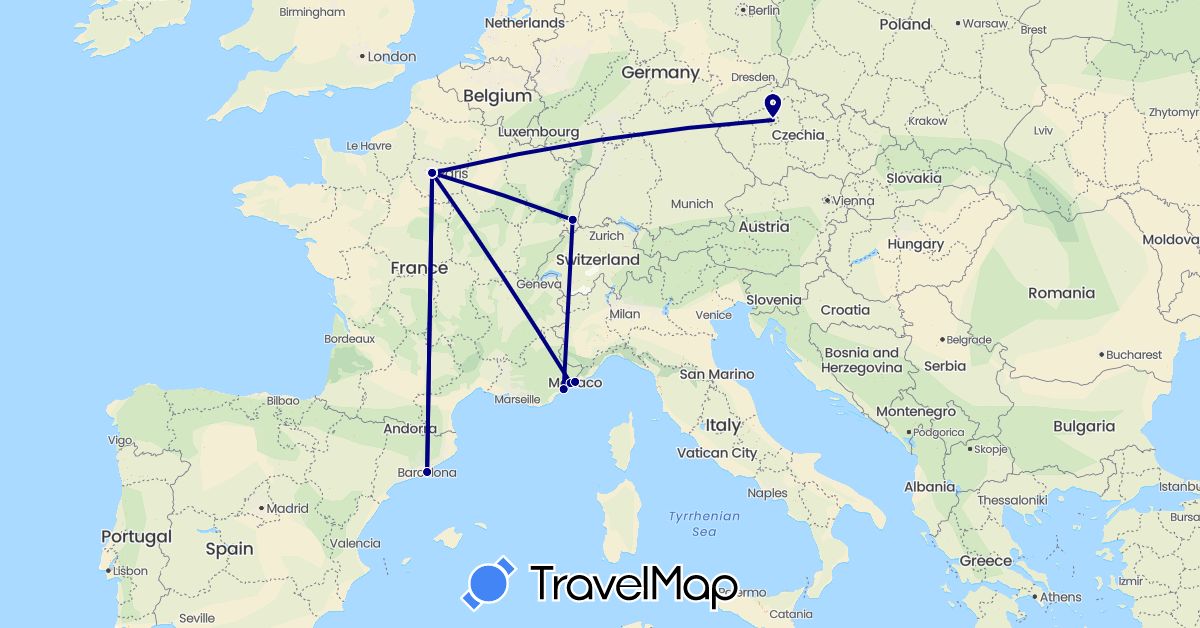 TravelMap itinerary: driving in Czech Republic, Spain, France, Monaco (Europe)