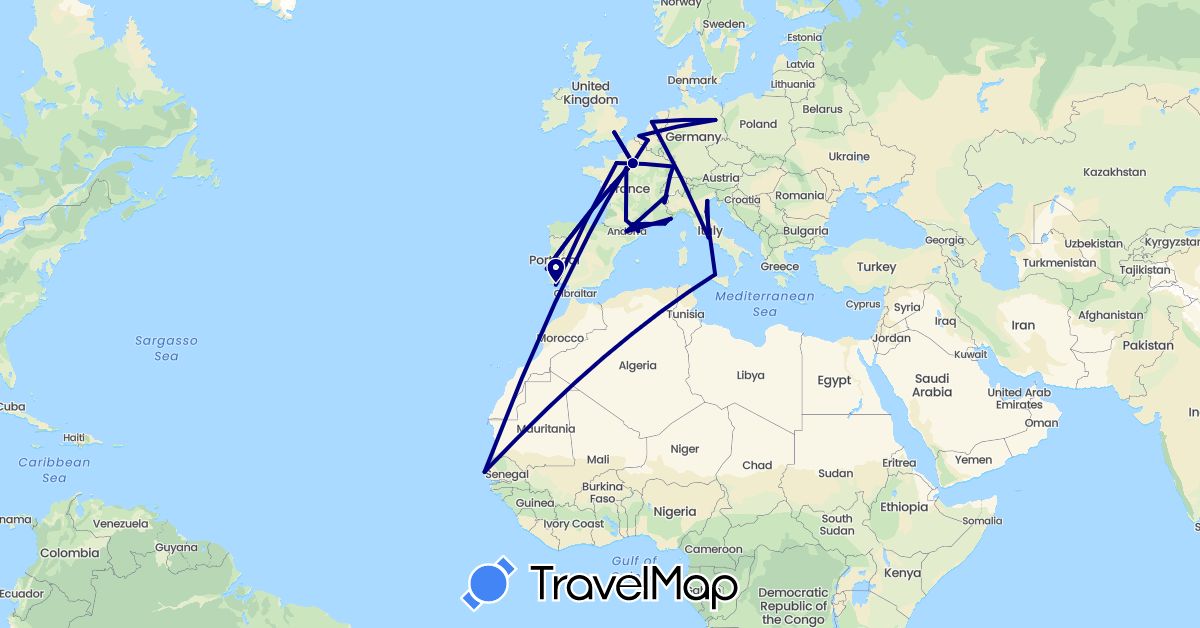TravelMap itinerary: driving in Andorra, Belgium, Germany, France, United Kingdom, Italy, Monaco, Netherlands, Portugal, Senegal (Africa, Europe)